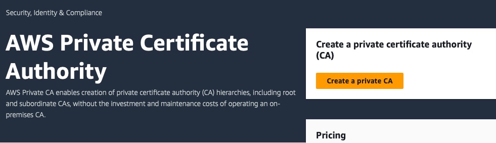 AWS Private Certificate Authority Create a Private CA button