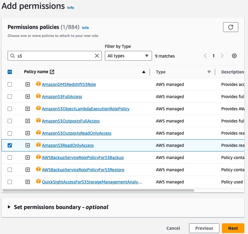 Screenshot of the IAM Role creation wizard Add Permissions step.