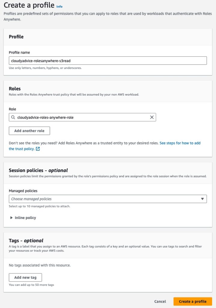 Screenshot of the IAM Roles Anywhere service Create a profile wizard.