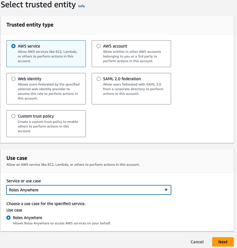 Screenshot of the IAM Role creation wizard Select Trusted Entity step.