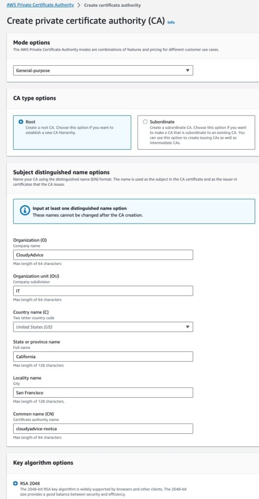 AWS Private Certificate Authority Create a Certificate Authority Wizard with CA Type, Subject DN and Key Algorithm settings.