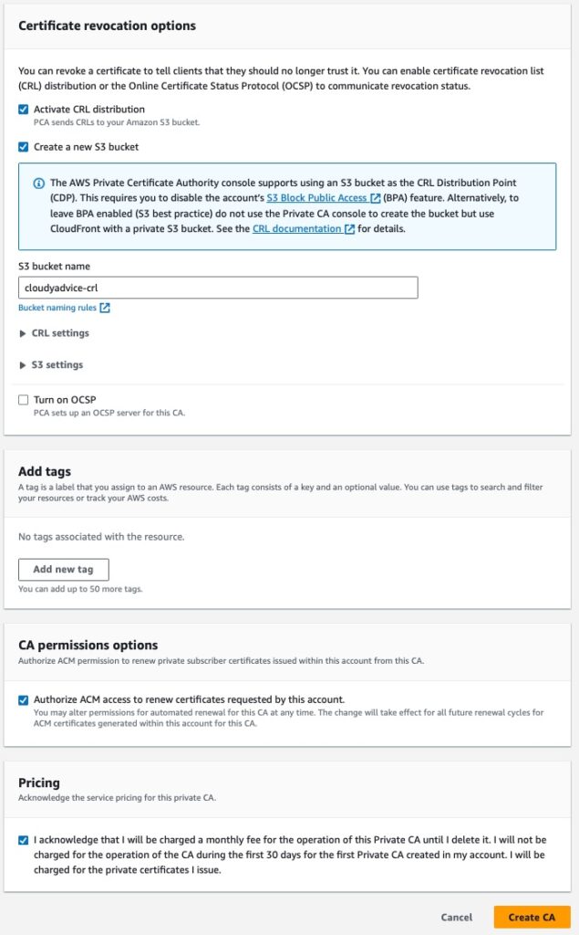 AWS Private Certificate Authority Create a Certificate Authority Wizard with CRL options.