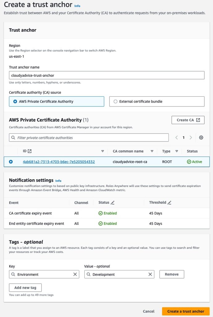 Screenshot of the IAM Roles Anywhere Create a trust anchor wizard