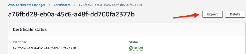 AWS Certificate Manager Certificate Details screen with the Export button highlighted.