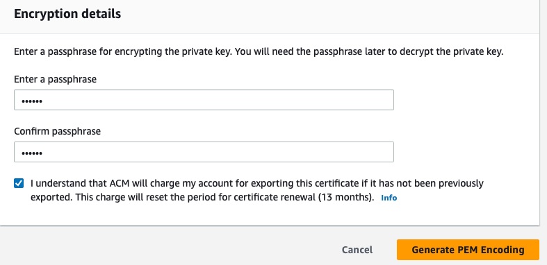 AWS Certificate Manager console showing the Export a certificate request form.