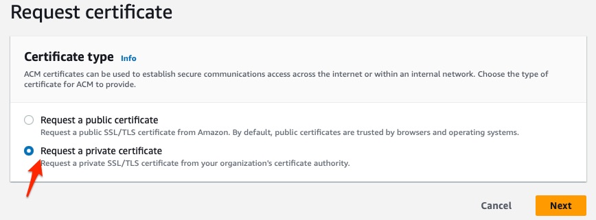 Amazon Certificate Manager Request a new Certificate feature showing the choices for certificate type of public or private.